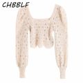 CHBBLF women stylish hollow out blouse square collar long lantern sleeve shirt female elegant solid crop tops blusas BGB9534. 