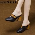 Women High Heeled Platform Half Slippers Leather Mules Femme Pointed Toe Feminino Office Ladies Chaussure Elegant Backless Shoes.