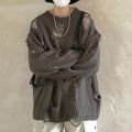 Solid Color Sweater Ripped Hole Sweater Streetwear Men's Sweater Hop Style Ripped Two-piece Design Knitted Round Neck Soft Warm.