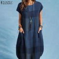 ZANZEA Women Short Sleeve Round Neck Plaid T-Shirt Dress Summer Beach Midi Dresses.