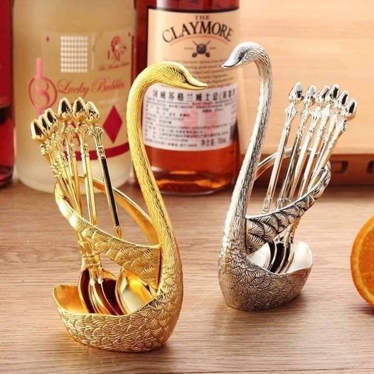 New Swan 6 Pieces Stylish Spoon Tableware Set Holder (Gold and silver)