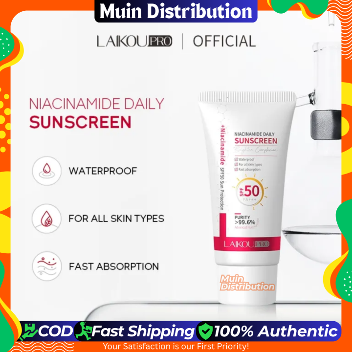 〽️ LAIKOU PRO Niacinamide Daily Sunscreen SPF50 – 50g | Brighten Complexion & Sun Protection | Waterproof Sunblock for All Skin Types & Fast Absorption | By Muin Distribution