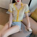 v Collar T T-shirt Short-Sleeved Summer Clothes Hot Girl Ice Silk Knitted Cardigan Design Sense Navel Purple Short Top Niche Style. 