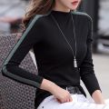 #0346 Black Grey Green Spliced Color Long Sleeve T Shirt Women Casual Tight T Shirt Female Knitted Cotton Tshirt Korean Style.