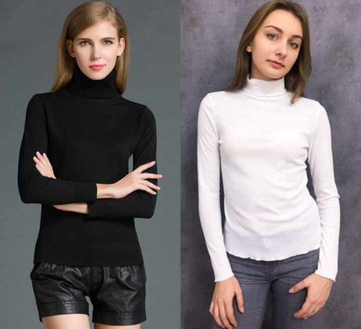 Pack of 2 Women's Fashionable Full Sleeve High Neck Sweater (white-black)