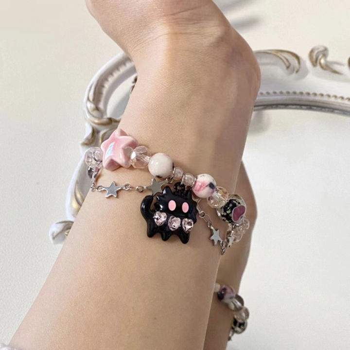 Black Cat Heart Rhinestone Pentagram Star Beads Bracelet For Women Aesthetic Sweet Cool Trendy Jewelry Korean Style Fashion Gift Mzea
