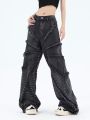 BAGGY JEANS American Style Retro Damage Feeling Spider Web Raw Hem Jeans Men's European and American Style Fried Street Loose Trousers. 