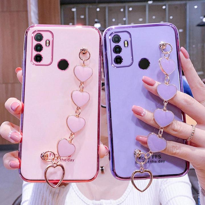 For OPPO A53 2020 Back Cover with Love Heart Chain Wrist Strap