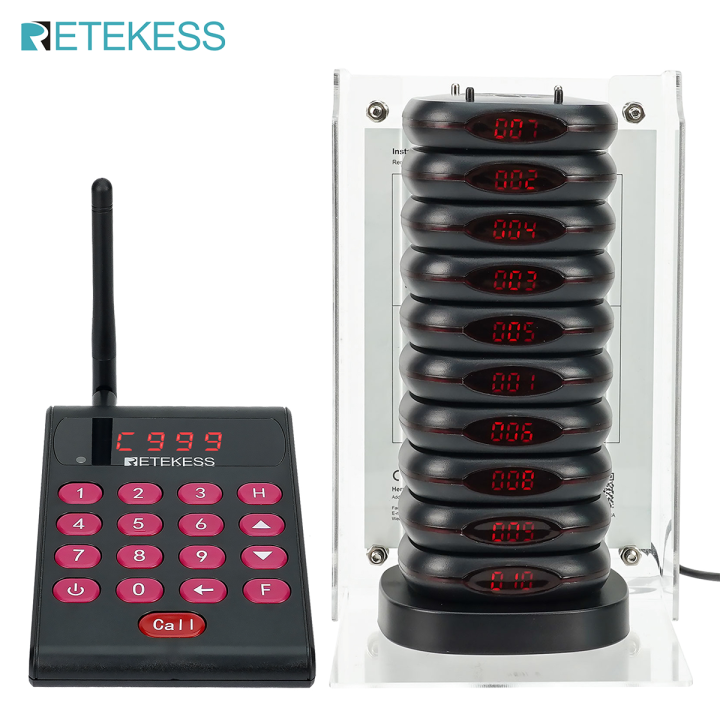 Retekess TD161 Wireless Calling System Pagers for Restaurant Buzzer System 500M with Bracket Battery Backup Support History Query 10 Pagers for Food Truck Food Court