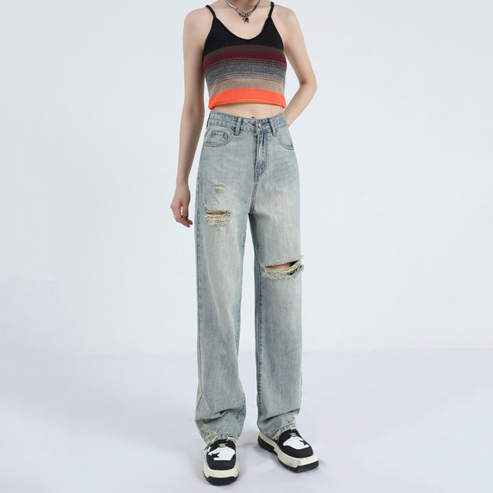 Ripped Thin High Waist Wide Leg Jeans Women's Loose23Summer New