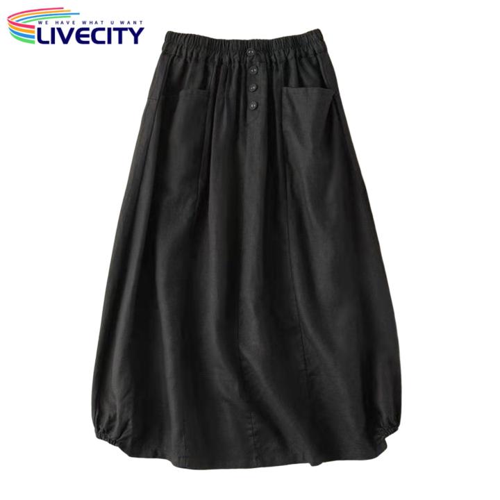 A%20Line%20Skirt%20Buttons%20Decor%20Cotton%20Linen%20A-Line%20Casual%20Skirt%20-%20Image%202