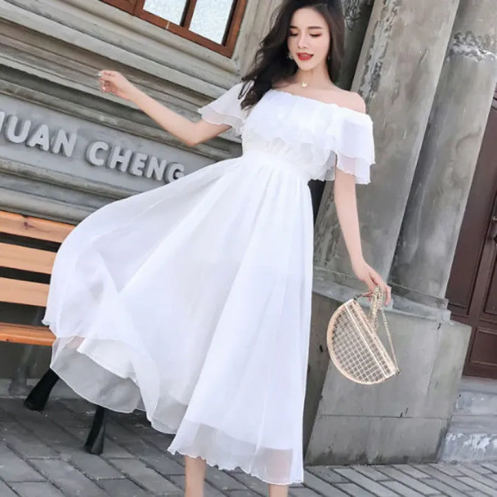 Women's%20Summer%20Beach%20Style%20Chiffon%20White%20Long%20Dress%20Lady%20Graceful%20Fairy%20Layers%20Ruffles%20Off-Shoulder%20Dresses%20Evening%20Party%20Gown%20-%20Image%204