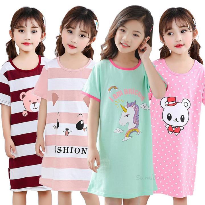 Unicorn Cotton Nightdress Little Teen Girl Pajamas Dresses Children Cartoon Summer Nightgown Home Clothes Kids Sleepwear Gecelik