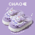 Sanrios My Melody Cinnamoroll Kuromi Anime Cartoon Cute Winter Warm Plush Cotton Slippers Girl Non Slip Thick Sole Home Shoes.
