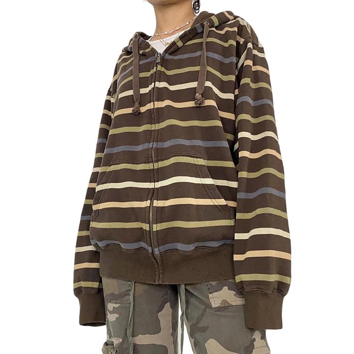 Women Zip Up Drawstring Hoodie Casual Striped Long Sleeve Sweatshirt Jacket Autumn Streetwear
