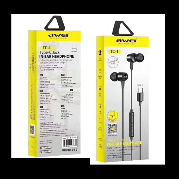 Awei TC1 Type-C Jack In Ear Headphones, Earbuds, Full Metal Earphones with Mic and Volume Control, High Definition, Noise Isolating, Deep Bass, Ergonomic Design & Crystal Clear Sound