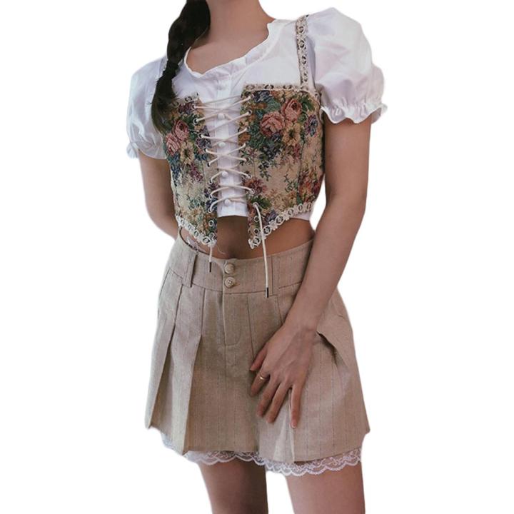 Women Summer Retro Corset, Flower Print Spaghetti Strap Low-Cut Sleeveless Bandage Crop Tops for Girls