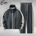 Striped Fleece Men's Sportswear Zipper Jacket + Sweatpants Tracksuit Winter Fashion Loose Unisex Jogging Suit Running Men Set. 