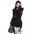 Fashion Drawstring Pleated Design Autumn Temperament Street Style Solid Color Tight-Fitting Dress Long-Sleeved.