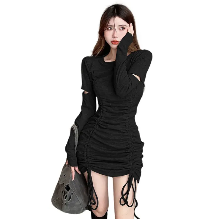 Fashion%20Drawstring%20Pleated%20Design%20Autumn%20Temperament%20Street%20Style%20Solid%20Color%20Tight-Fitting%20Dress%20Long-Sleeved%20-%20Image%207