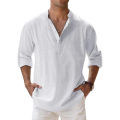 New Men's Cotton Shirts Linen Casual Long Sleeve Button Down Shirt Band Collar Loose Tops M-5XL. 