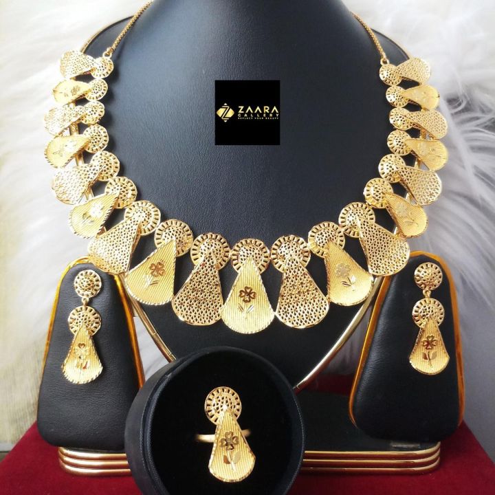 Forming Gold Plated 1.5 Gram Gold Color Polish Bridal Necklace Earrings Set For Women (Imported) M-GPN409 - Gold Plated Necklace Set for Women - Necklace Earrings Set