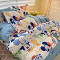 Disney Kawaii Anime Stitch Washed Cotton Four-Piece Bedding Set Mickey Mous Cute Bed Linen Three-Piece Dormitory Set Kids Toys.