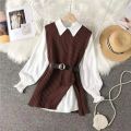 2023 Autumn Two 2 Piece Knitted Vest Set Women Long Sleeve Shirt Solid Vintage Sleeveless College Style Waistband Sweater Tops. 