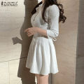 ZANZEA Korean Style Women 3/4 Sleeve Plain Casual Fashion Pleated Tunic Mini Shirt Dress. 