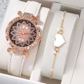 Fashion Waterproof 2pcs Women's Quartz Wristwatch Set Petal Design and Diamond Dial for Ladies Watch Elegant Leather Watches Suitable for Girls.