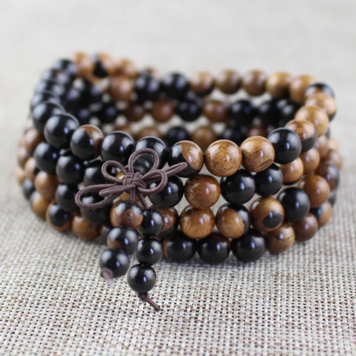 Yin and Yang Wooden Bracelet Ebony Wood Africa Ebony African Blackwood 108 Beads Bracelet for Men and Women Collectables-Autograph Rosary