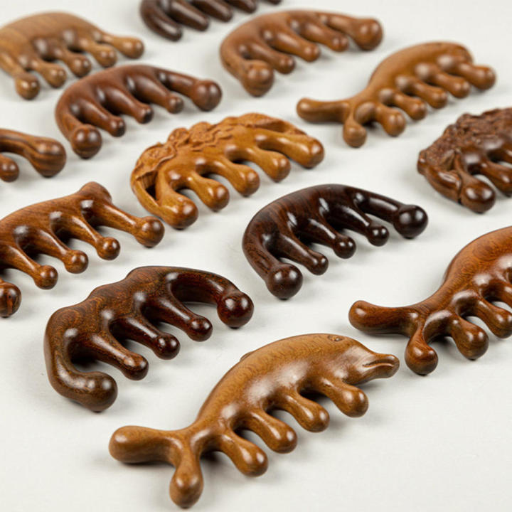 Gold wire natural green sandalwood comb head five teeth round ball meridian comb scalp neck sandalwood massage comb