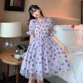 Strawberry Dress Women French Style Lace Chiffon Sweet Dress Casual Puff Sleeve Elegant Printed Kawaii Dress Women 2022 New. 