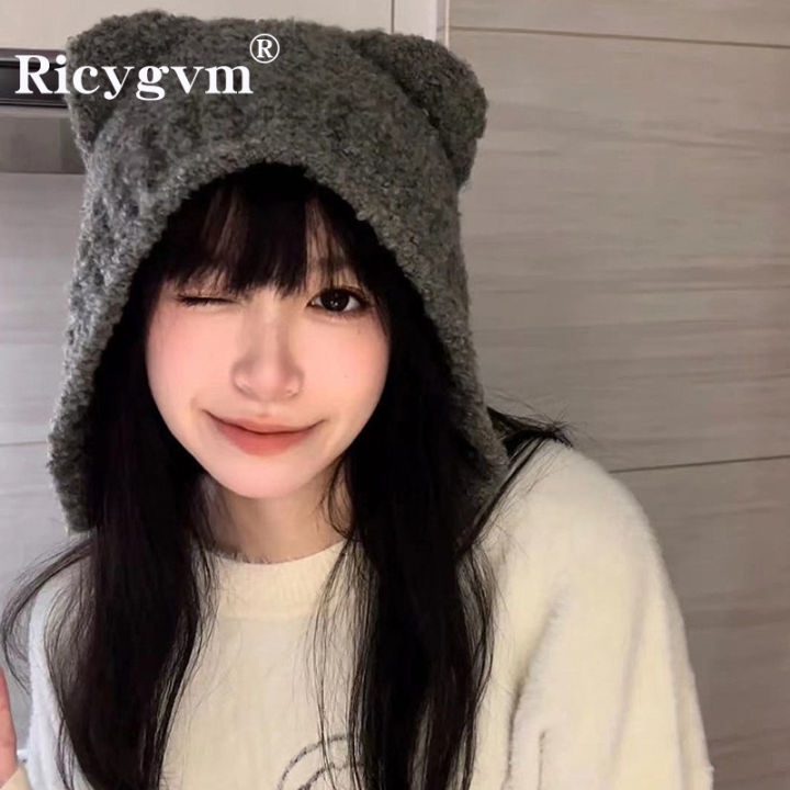Plush Bear Earmuffs Cap For Women Winter Warm Ear Protection Bomber Hat Thick Lamb Fleece Earflap Bonnet Girl Cartoon Beanies