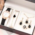 LooKeo Mall Ladies Dress Watch Set with 6PCS Fashion Jewelry - Black Leather Quartz Women's Watch with Necklace, Earrings, and Bracelet.