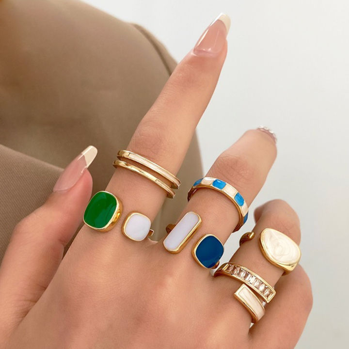 6Pcs Gold Enamel Boho Knuckle Joint Ring Set French Vintage Irregular Green Drip Oil Stacked Ring Set Trendy Layered Full Finger Jewelry Gift