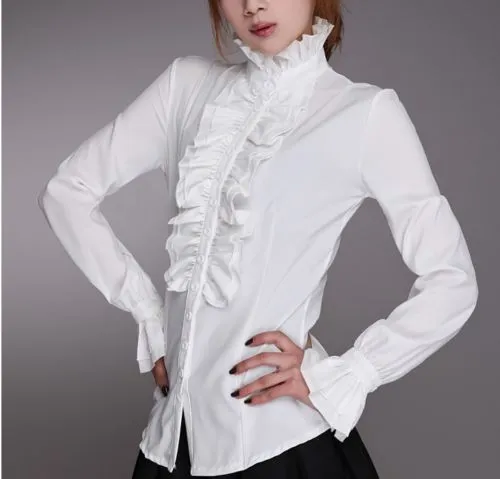 Victorian%20Flounce%20Blouse%20Women%20OL%20Office%20Ladies%20Business%20White%20Shirt%20High%20Neck%20Frilly%20Ruffle%20Cuffs%20Shirts%20Female%20Blouses%20-%20Image%203