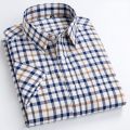 Men's 100% Cotton Plaid Striped Short Sleeve Shirt Single Patch Pocket Button-down Holiday Youthful Casual Checkered Thin Shirts.