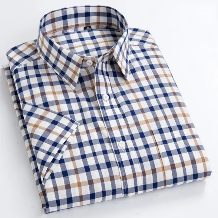 Men's%20100%25%20Cotton%20Plaid%20Striped%20Short%20Sleeve%20Shirt%20Single%20Patch%20Pocket%20Button-down%20Holiday%20Youthful%20Casual%20Checkered%20Thin%20Shirts%20-%20Image%203