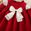 (0-3 Years Old Girls) Autumn/Winter New Girls Dress Bow Ribbon Small Flying Sleeve Round Neck Sweet Princess Dress Solid Color Birthday Party Team Dress. 
