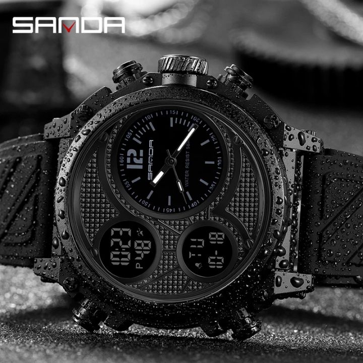 SANDA-LED Sports Digital Watches for Men, Waterproof Electronic Wristwatch, Three Displays, Quartz Watch, Alarm Clock, 3002, 50m