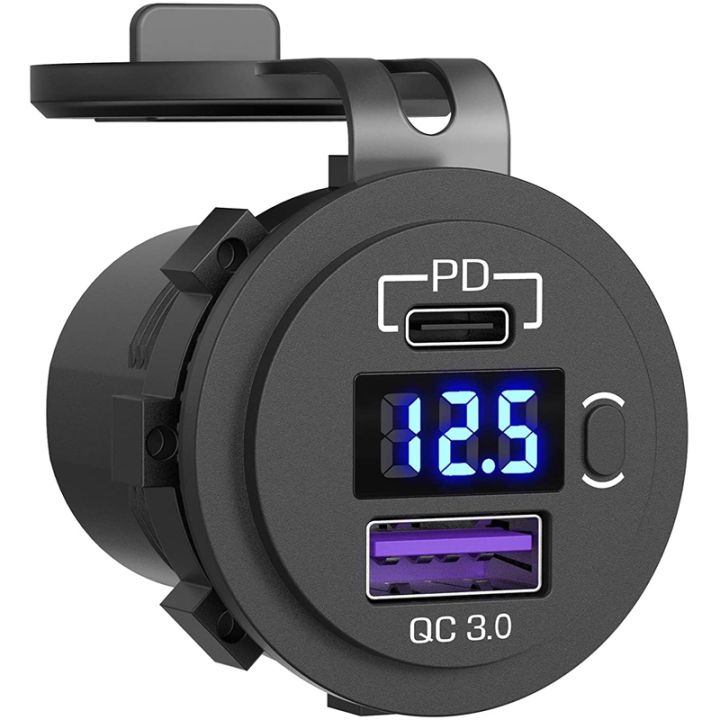 【FUPANG】PD type C 48W Dual USB car charger QC 3.0 charger with voltmeter and switch for boat truck RV