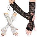 Women Gloves Long Fishnet Mesh Gloves Arm Sleeve Lace Bandage Half-Finger Gloves Satin Ribbon Ties Up Cool Gothic Punk Gloves. 