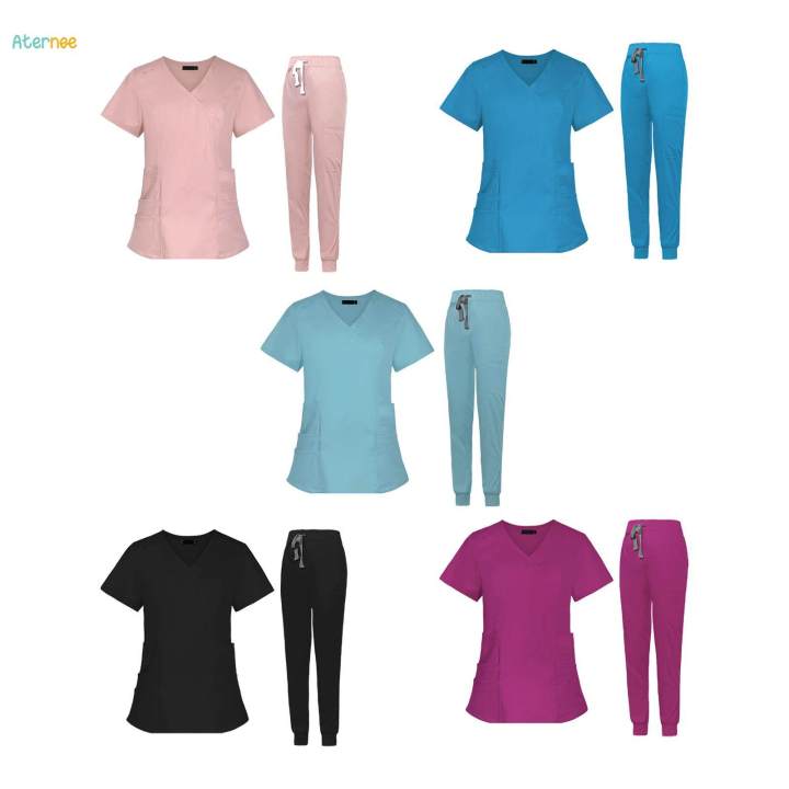 Women%20Nurse%20Work%20Clothing%20Nursing%20Uniform%20Top%20and%20Pants%20V%20S%20Pink%20-%20Image%204