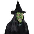 Halloween Horror Old Witch Mask with Hat Cosplay Scary Clown Hag Latex Masks Green Face Big Nose Old Women Costume Party Props.