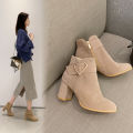 Chunky Heel Fashion Boots Love New Autumn and Winter Women's Boots All-Matching Suede Ankle Boots Fleece Lined round Toe Black plus Size Winter Boots40. 
