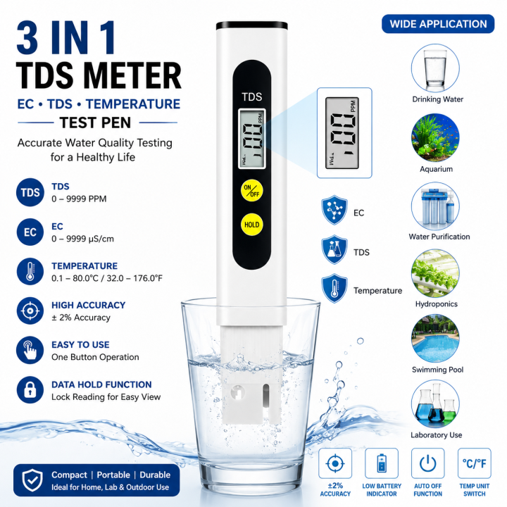 TDS Meter 3 in 1 EC TDS and Temperature Test Pen , EC Meter & Temperature Meter with ± 2% Accuracy Ideal Water Test Meter