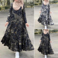 ZANZEA Muslimah Wanita Vintage Muslim Abaya Pakaian Baju Bercetak Ruffles Hem Maxi Sundress(#4). 