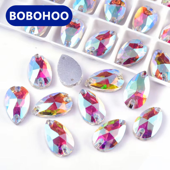 Teardrop Crystal AB Sew-On Rhinestones - 7x12mm Droplet Shape, 2 Holes, For Wedding Dresses & Crafts (100 Pcs) - View #2