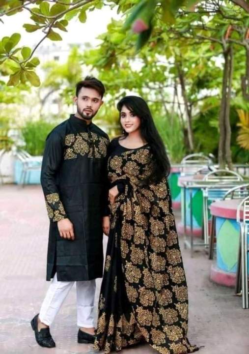 Stylish & fashionable Block Print New Matching best/Coupple Dress/For Men & Women / Saree & Panjabi/ (Combo Set))